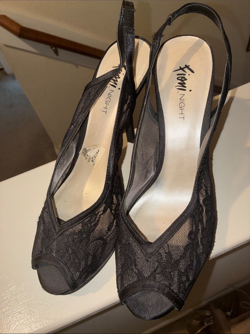 FIONI Clothing Black Lace Peep-Toe Slingback Heels